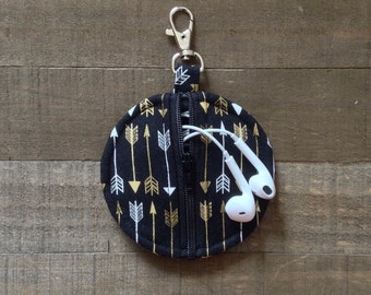 Black Arrows - Circle Zip Earbud Pouch / Coin Purse Case Holder Gold and White