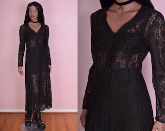 90s Black Floral Lace Button Down Dress/ Medium/ 1990s/ Long Sleeve