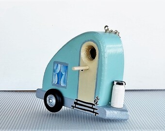 Decorative Aqua Tear Drop Trailer Birdhouse , Handcrafted and Hand Painted