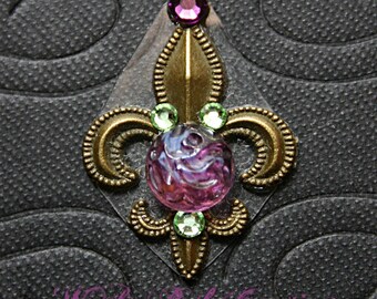 Purple Swirl with Lime Fleur De Lis Bindi - ATS, Tribal Fusion, Belly Dance, Facial Jewelry, Third Eye