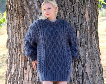 Luxurious Aran hand knitted mohair sweater, Fisherman handmade pullover by SuperTanya