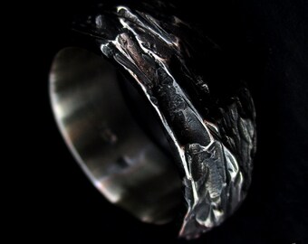 Mens Carved Silver Ring - Mens Wedding Ring - Mens Gift Ring - Rock Texture Ring - Rugged Mens Ring - Mens Ring Size UK T / US 9.5