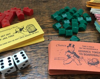 Vintage Monopoly Game Pieces / Monopoly Money, Houses, Apartments, Reading Railroad, Cards