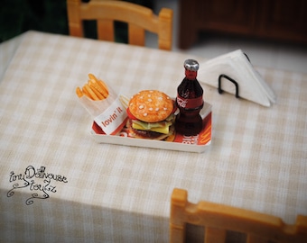 Super realistic hamburger/Burger with French fries made from polymer clay miniature food, fast food