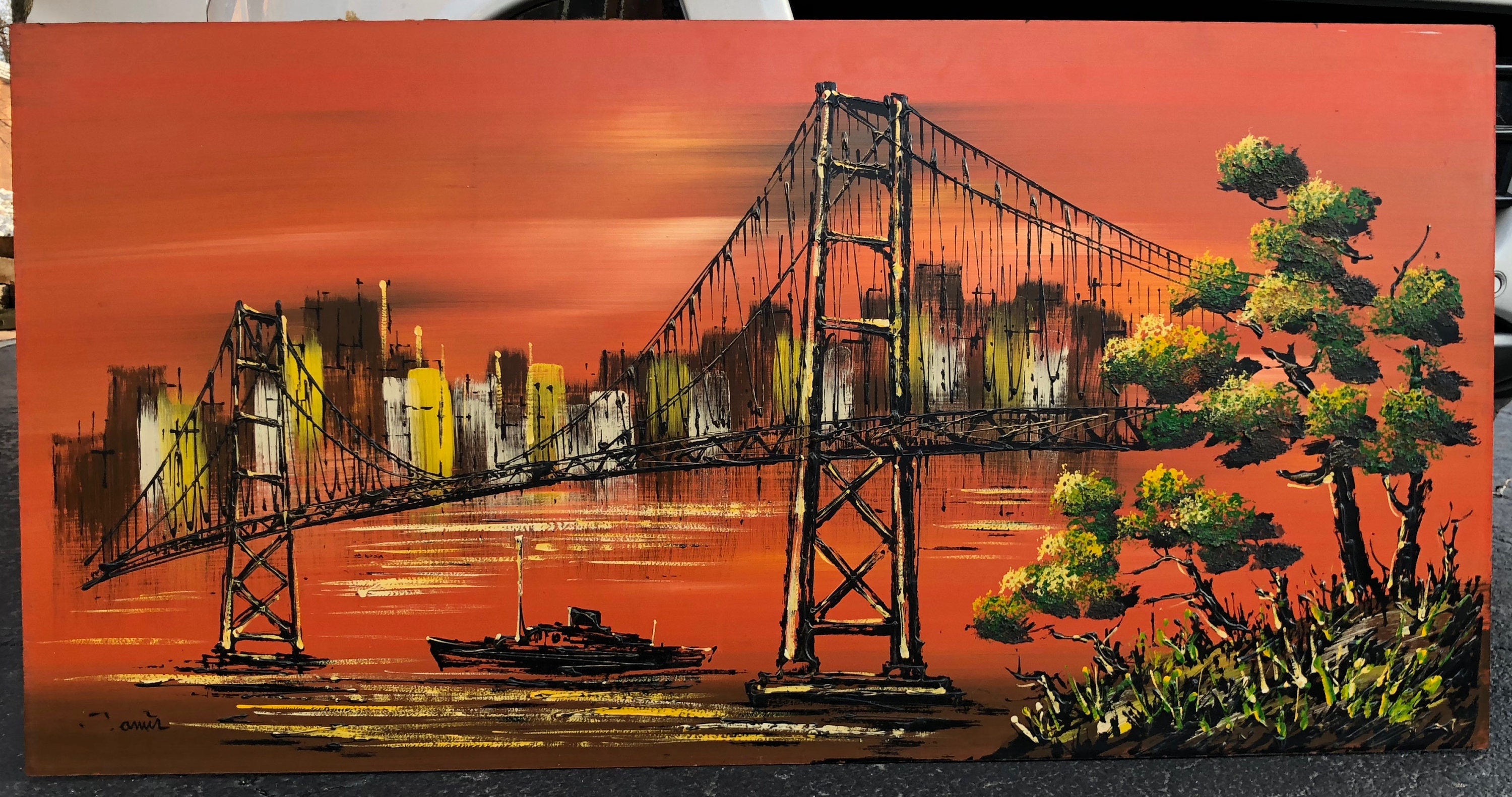 Large Vintage 60s 70s Signed Tamir Bridge Skyline Oil Painting Retro Art Mid Century Modern