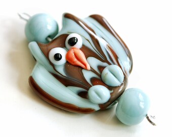 Blue and Brown Owl Handmade Lampwork Glass Bead Set