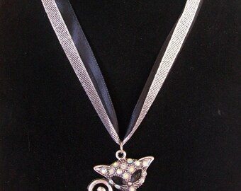Ribbon with Rhinestone cat necklace