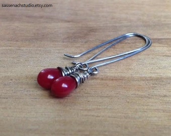 Cherry Red Glass Earrings with Sterling Silver / Smooth Czech Beads / Wire Wrapped / Oxidized Cranberry / Gifts for Her Mom Under 20