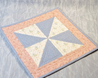 Quilted Candle Mat/Table Topper, Light Blue, Peach, and Off-White