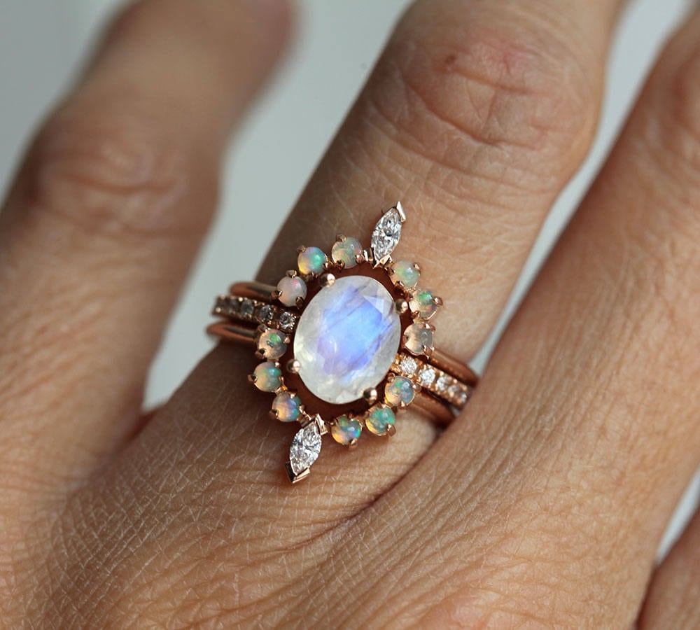 Dream Ring Set Moonstone Ring with Opal Wedding Rings Opal