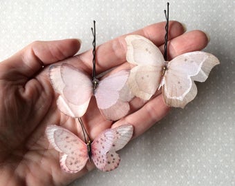 Handmade Butterfly Hair Bobby Pins in Light and Blush Pink Cotton and Silk Organza Fabric - 3 pieces