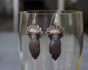 Mysterious Hand with Snake Bracelet Earrings Black Patina French Brass Antique Vintage Style
