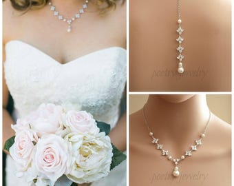 Backdrop Wedding Necklace Crystal Back Drop Necklace Pearl Bridal Necklace Back Necklace Bridal Back Jewelry, Rosa