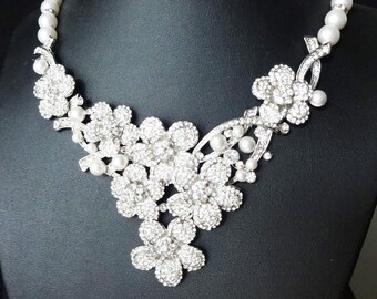 Statement Pearl & Crystal Bridal Necklace, Crystal Flower Bib Wedding Necklace, Rhinestone Wedding Jewelry, Crystal Bridal Jewelry, DELIA