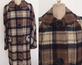 1970's Brown & Black Plaid Wool Coat Size Large by Maeberry Vintage