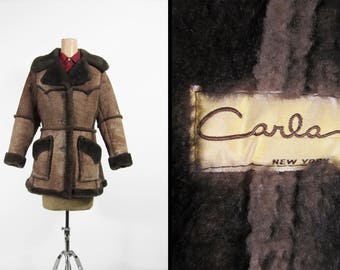 Vintage Shearling Coat Dark Brown Wool Long Sheepskin Leather - Women's Medium