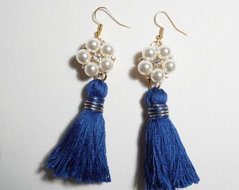 Navy Blue Tassel Earrings, Pearl Earrings