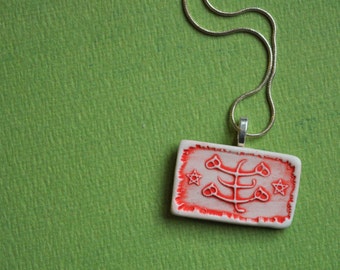 Baha'i Ringstone Symbol Necklace- porcelain rectangle in red and white