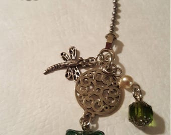 DRAGONFLY with Emerald Butterfly with Crystal - Fan Pull or Light Fixture or Zipper pull or Rear View Mirror Charm - cusotmize
