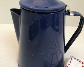 Dark Blue Enamelware Coffee Pot with Tiny White Speckles - 2 Quart