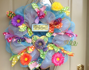 Spring deco mesh wreath, summer deco mesh wreath, spring wreath, summer wreath, Front Door wreath, Year Round Wreath, Welcome Wreath
