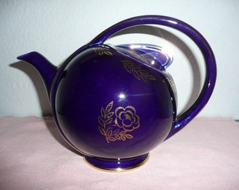 STUNNING Art Nouveau Teapot, Hall Cobalt Blue and Gold Floral Airflow Teapot, Hall Midnight Blue Teapot with Gold Leaves and Roses