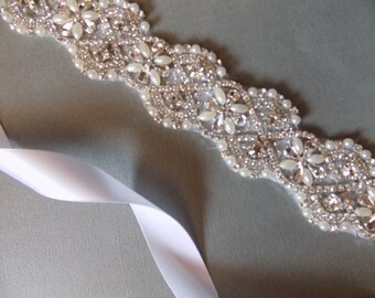 Pearls and crystals wedding dress sash. custom made bridal sash