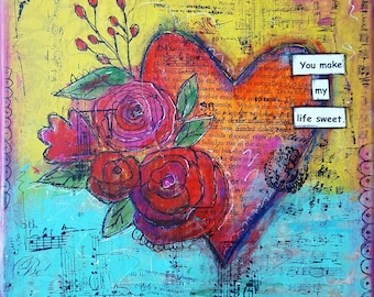 Mixed Media (collage) Heart Art,valentine gift for her/him/husband /wife and small 8x8 wall decor.
