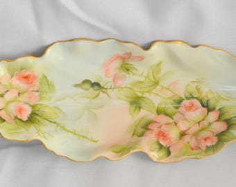 Limoges Porcelain Celery Tray Relish Dish Pink Decor 10" Long