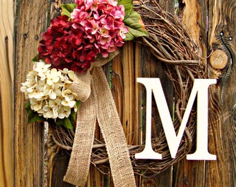 Summer Hydrangea Wreath with Monogram - Monogrammed Wreath - Initial Wreath - Door Wreath - Wreaths - Pink Red White Wreath - Wreaths