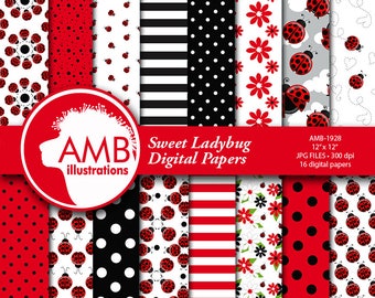 Ladybug digital papers, Red ladybug papers, Insects, Sweet ladybug papers, polkadot paper, ladybug scrapbook papers, comm-use, AMB-1928