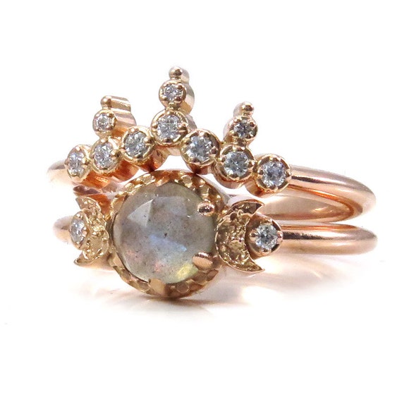 Labradorite Moon Tiara Engagement Ring Set - Modern Celestial Wedding Rings