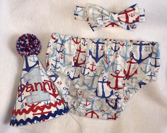 Boys Cake Smash Outfit - Red and Blue Nautical Anchors - Diaper Cover, Bow Tie & Birthday Hat - Birthday Set