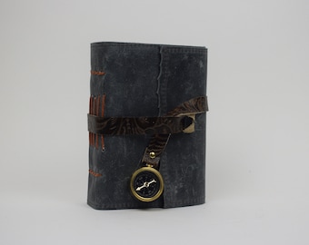 Leather Journal - Handmade paper with leather wrap and compass