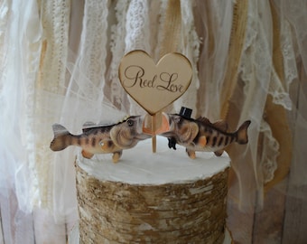 Large bass wedding cake topper fishing themed bride and groom kissing fish fishing wood wedding sign fisherman cake topper decorations