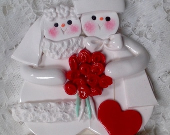 POlymer Clay Snowmen Wedding Couple With Red Roses personalized Ornament!