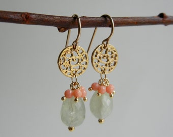 Prehnite and Coral Ayurvasita II Earrings