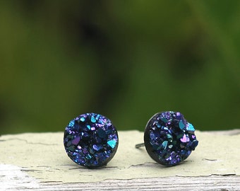 Faux Druzy Stud Earrings - Blue, Purple and Black Glitter, 10 mm Faux Druzy Posts
