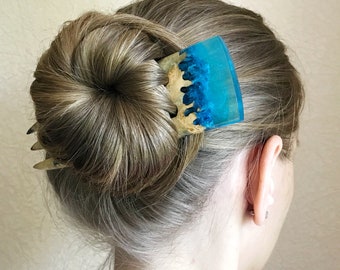 Wooden hair fork 3 prong with blue acrylic topper Hair accessories for women Barrette for Womens gifts Wood bun holder for long hair