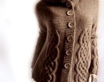 Hand Knit Sweater Womens Cable Knit Cardigan Hooded Coat Chocolate Brown Many Colors Available