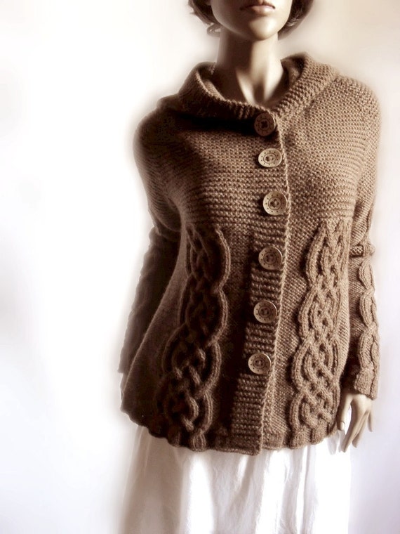 Hand Knit Sweater Womens Cable Knit Cardigan Hooded Coat