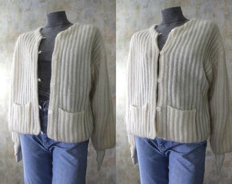 Vtg 90s MOHAIR Blend Fuzzy Ivory Grunge Boxy Cardigan SWEATER M
