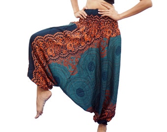 Plus Size Harem Pants Thai Rayon Pants, Boho Strenchy Yoga Pants, Elastic Waist Clothing Beach Women Baggy Casual M-XXL (Turquoise Pi02)