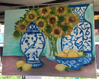 Sunflowers and ginger jars