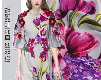 Gray 100% Silk Crepe de Chine Fabric With Purple Floral Print Fabric By the Yard