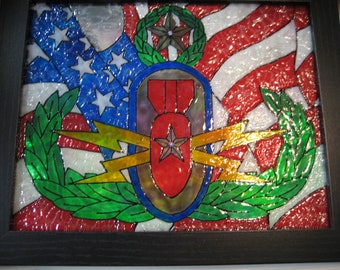 EOD Explosive ordnance disposal Master badge with US flag background simulated stained glass Art, window art
