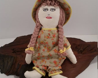 Vintage 14" Rag Doll with Dirty Blonde Hair, Handmade Doll In Dress with Bonnet, Blue Eye Rag Doll, Vintage Handmade Blonde Rag Doll
