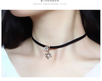Black Leather Choker Necklace with Diamond Pendant | MESSIA