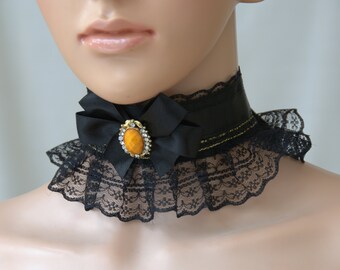Black Lace Gothic collar, Satin double Bow Lolita collar, Black kawaii collar, Elegant victorian Gothic satin necklace, Harajuku lace collar