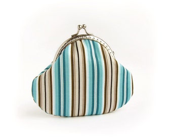 Kisslock Stripes Coin Purse, Turquoise, Brown, Emerald Green Pouch
